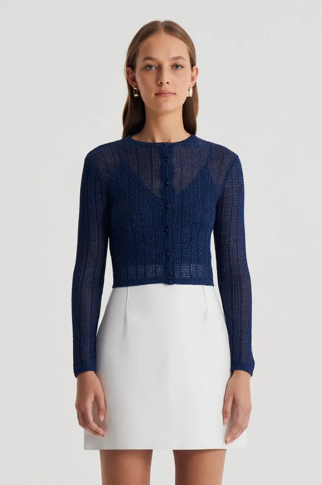 METALLIC KNIT CROP CARDIGAN NAVY Knitwear Scanlan Theodore Women METALLIC KNIT CROP CARDIGAN NAVY Knitwear Scanlan Theodore Women