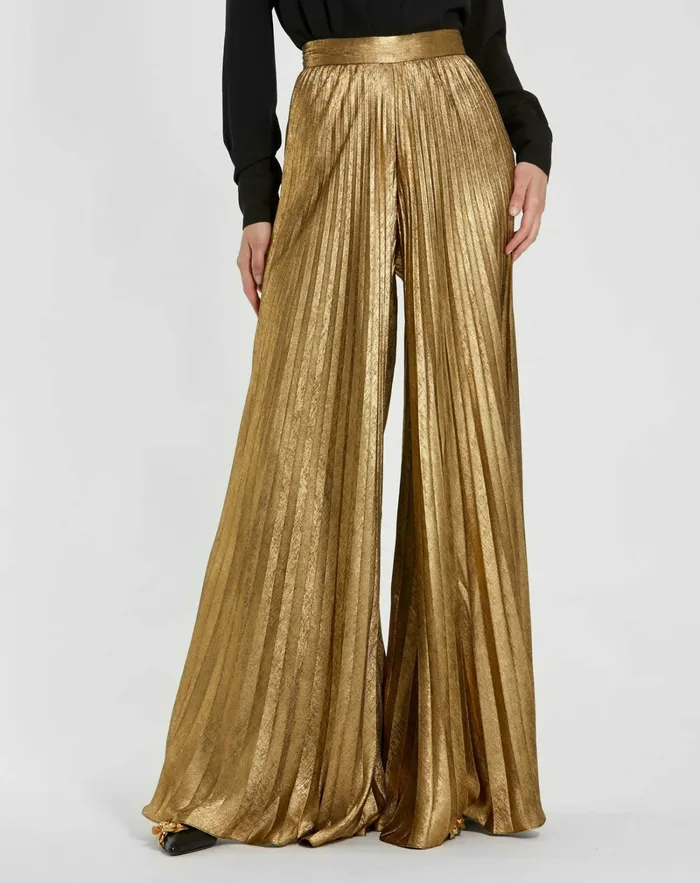 Metallic Lam Pleated Wide Leg Pant Gold Best Sellers Mac Duggal Women