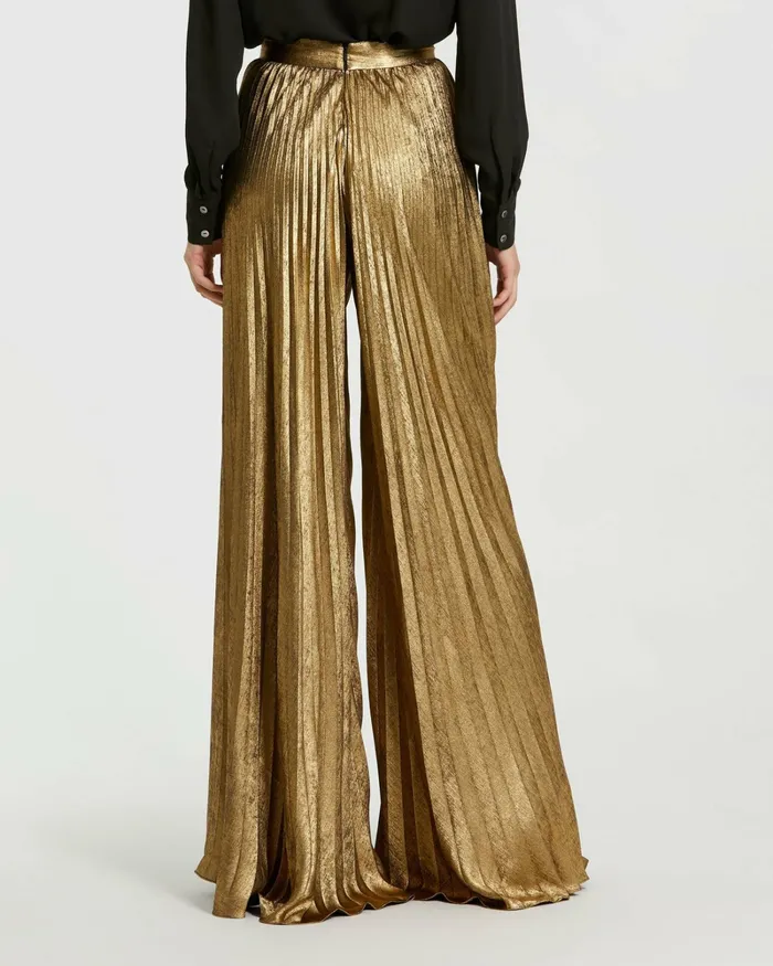 Metallic Lam Pleated Wide Leg Pant Gold Best Sellers Mac Duggal Women