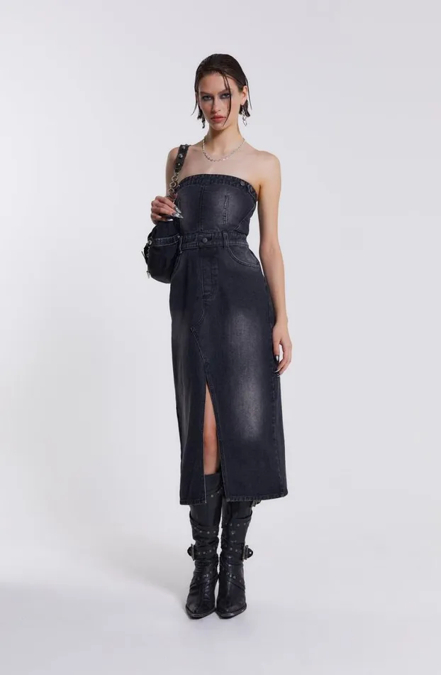 Midi Dresses Women Jaded London Liberty 2 In 1 Detachable Denim Black Midi Dress