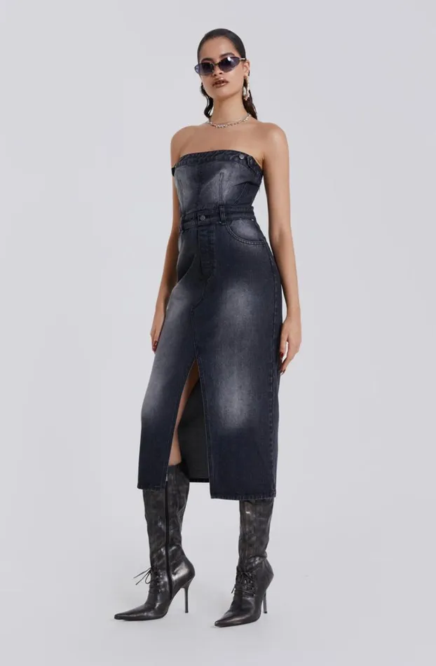 Midi Dresses Women Jaded London Liberty 2 In 1 Detachable Denim Black Midi Dress