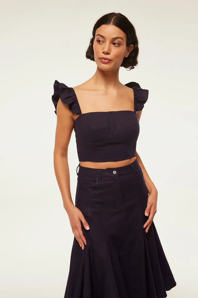 Misa Los Angeles Miya Top Navy Linen Women Tops