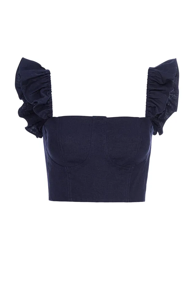 Misa Los Angeles Miya Top Navy Linen Women Tops