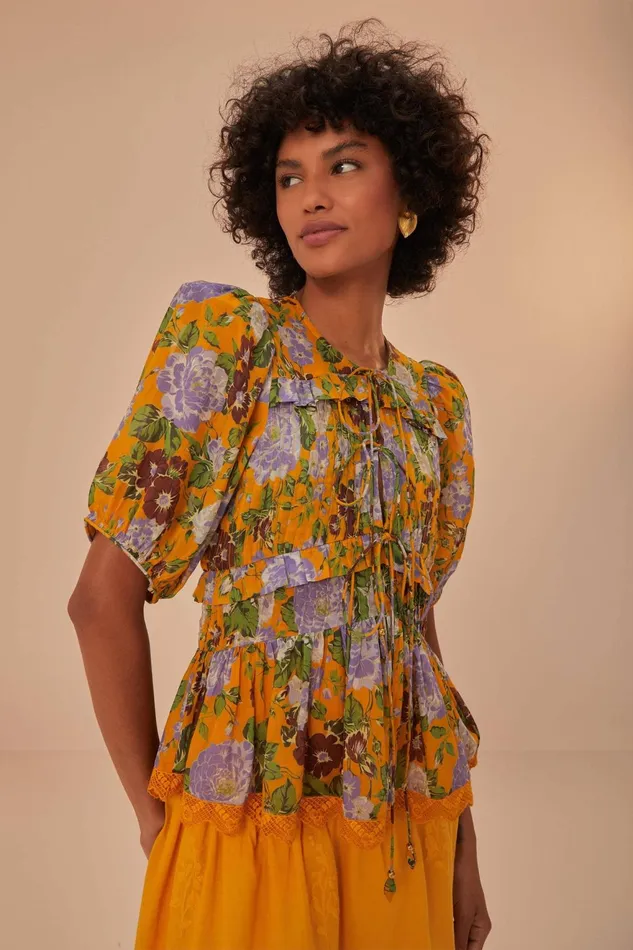 Mustard Capri Floral Short Sleeve Blouse Women Farm Rio Blouses