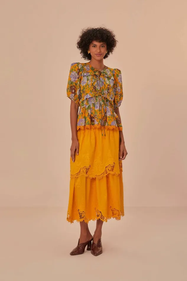 Mustard Capri Floral Short Sleeve Blouse Women Farm Rio Blouses