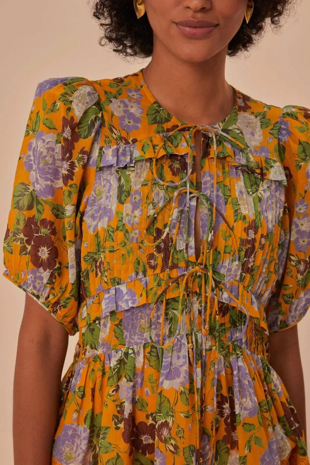 Mustard Capri Floral Short Sleeve Blouse Women Farm Rio Blouses