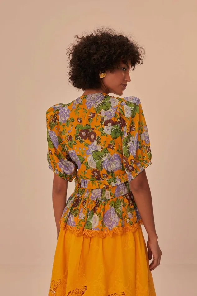 Mustard Capri Floral Short Sleeve Blouse Women Farm Rio Blouses