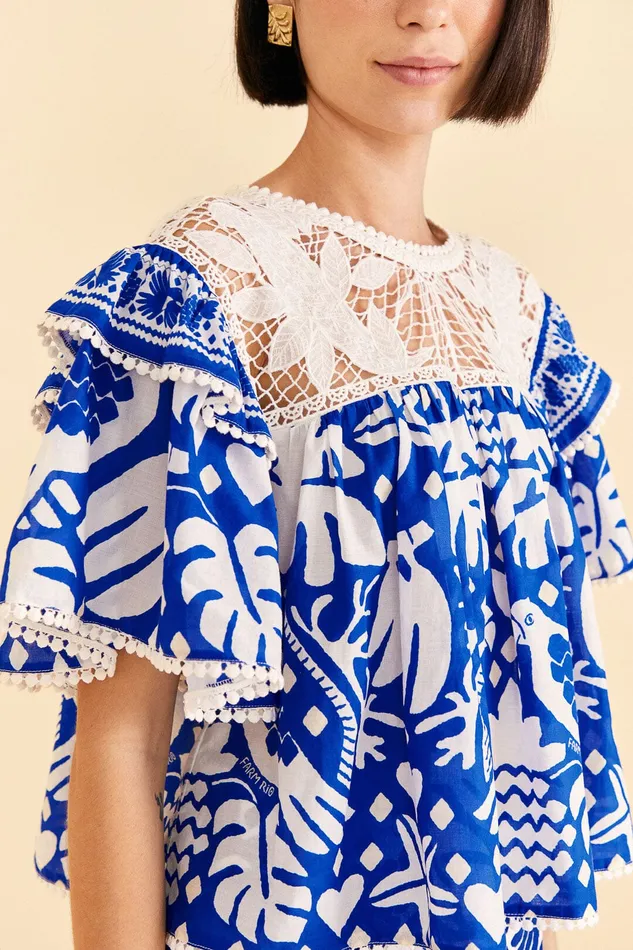 Navy Blue Jungle Scarf Blouse Women Farm Rio Blouses