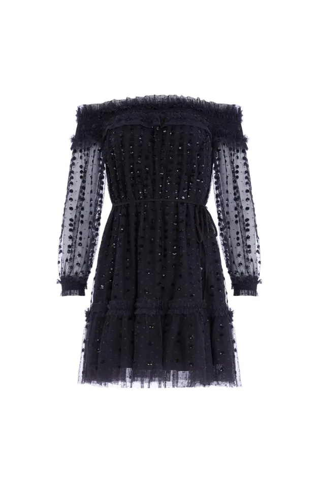 Needle and Thread Dresses Raindrop Smocked OffShoulder Micro Mini Dress Black 8211 Women