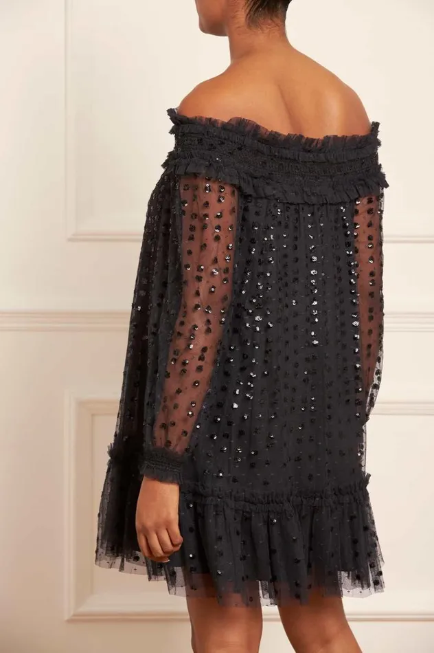 Needle and Thread Dresses Raindrop Smocked OffShoulder Micro Mini Dress Black 8211 Women