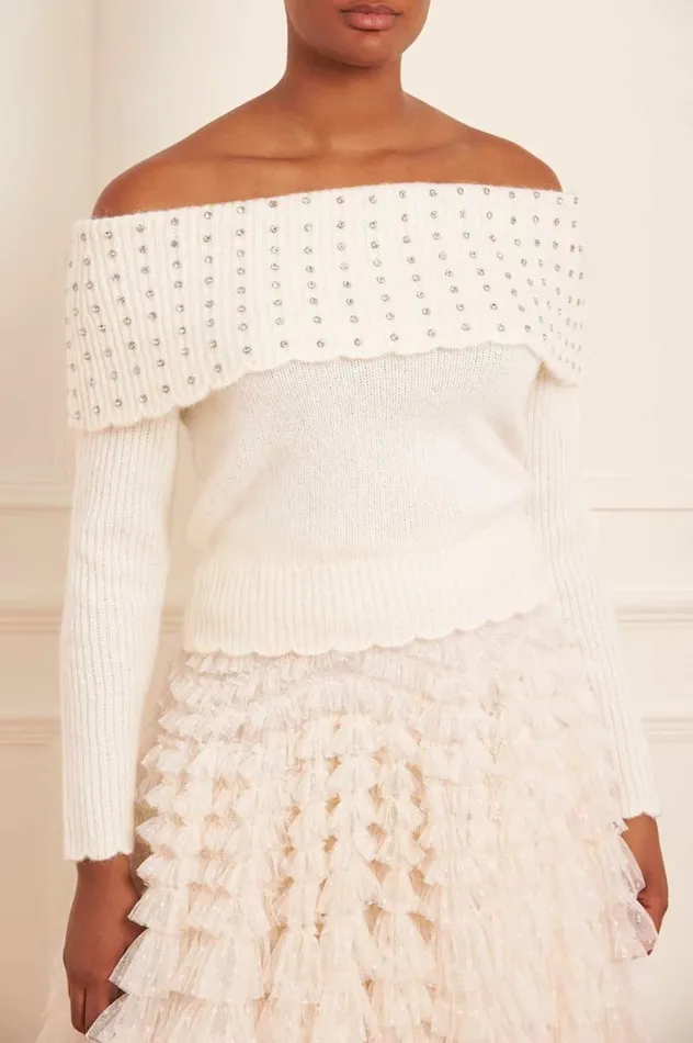 Needle and Thread Knitwear Embellished Bardot Jumper Champagne 8211 Women