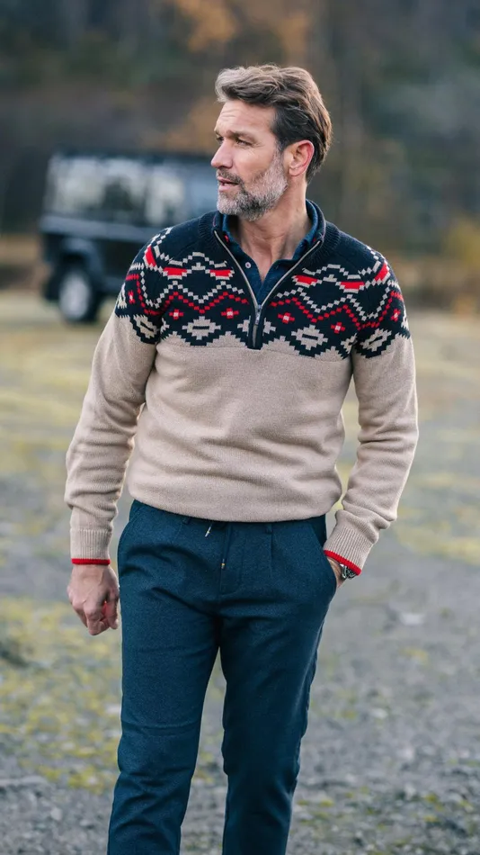 NZA New Zealand Auckland Knitwear Beige Sweater With Black Print 8211 Winter Navy 8211 Men NZA New Zealand Auckland Knitwear Beige Sweater With Black Print 8211 Winter Navy 8211 Men
