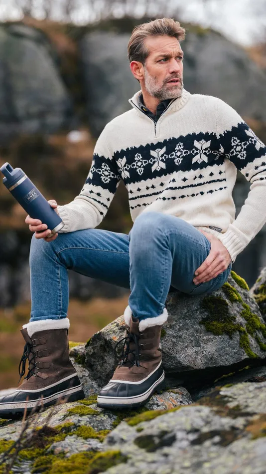 NZA New Zealand Auckland Knitwear Ecru Sweater With Dark Blue Pattern 8211 Ecru 8211 Men