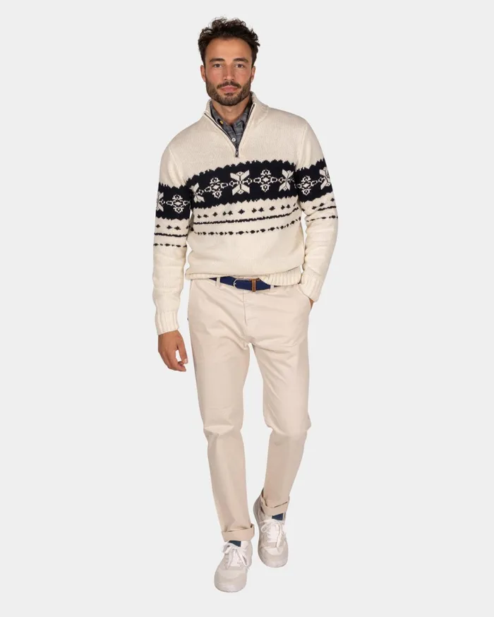 NZA New Zealand Auckland Knitwear Ecru Sweater With Dark Blue Pattern 8211 Ecru 8211 Men