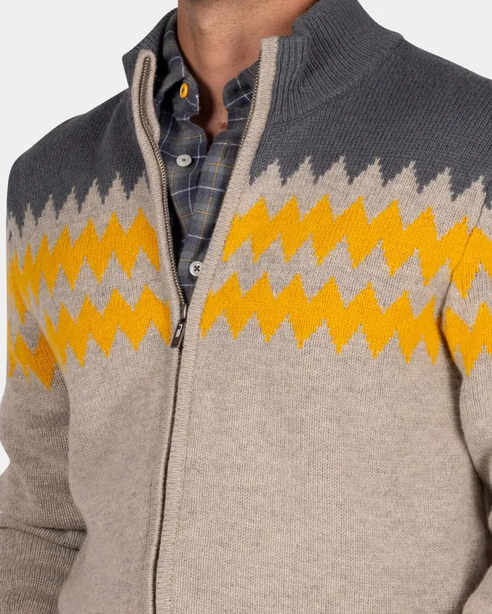 NZA New Zealand Auckland Knitwear Gray Wool Cardigan With Yellow Pattern 8211 Chestnut 8211 Men