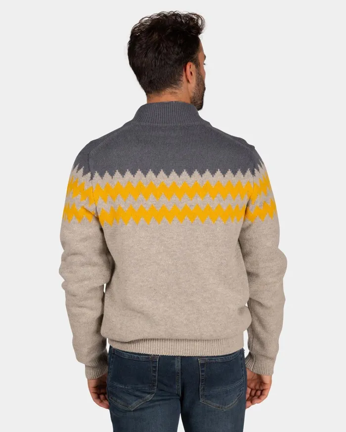 NZA New Zealand Auckland Knitwear Gray Wool Cardigan With Yellow Pattern 8211 Chestnut 8211 Men