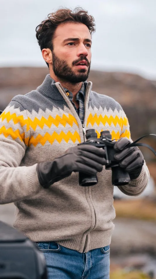 NZA New Zealand Auckland Knitwear Gray Wool Cardigan With Yellow Pattern 8211 Chestnut 8211 Men