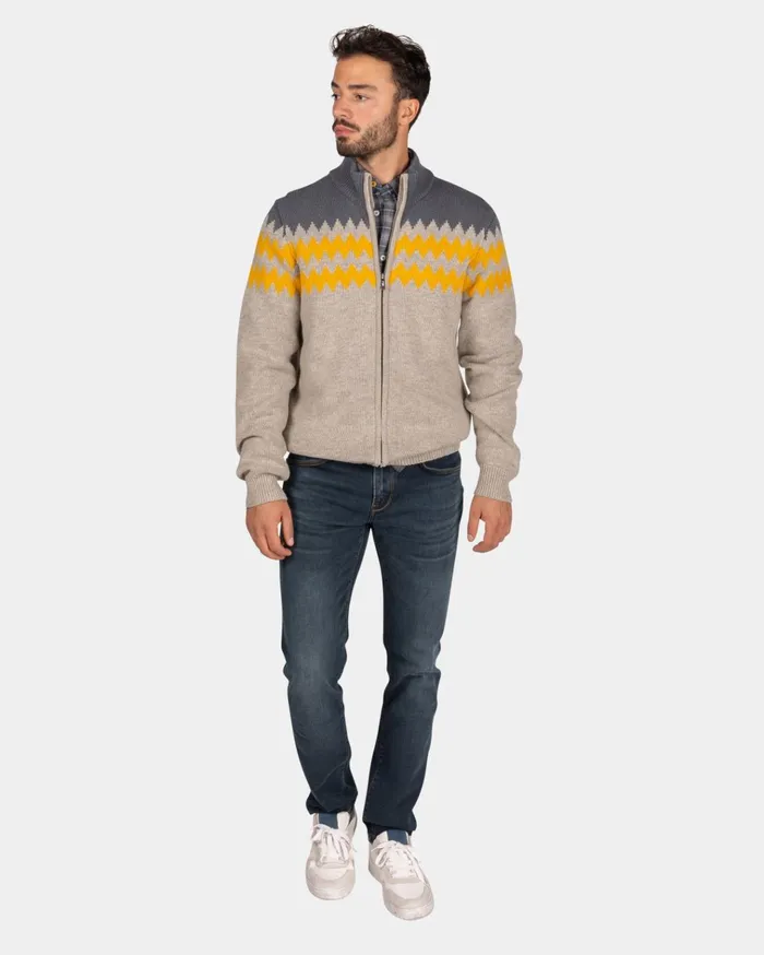 NZA New Zealand Auckland Knitwear Gray Wool Cardigan With Yellow Pattern 8211 Chestnut 8211 Men