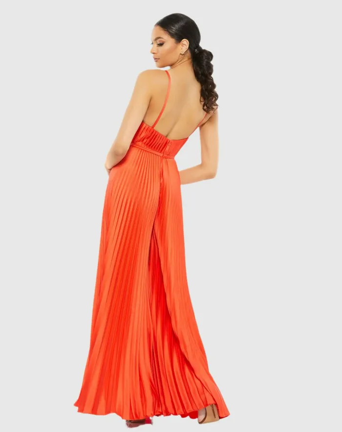 Orange Pleated Plunge Neck Wide Leg Jumpsuit Tangerine Jumpsuits and Rompers Mac Duggal Women
