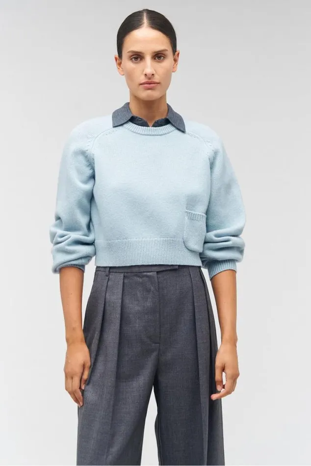 Oroton Knitwear Crop Crew Sweater Windmill Blue 8211 Women