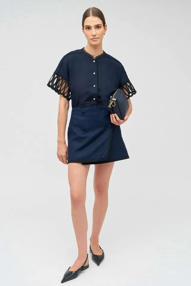 Oroton Skirts Contrast Bind Double Breasted Mini Skirt North Sea 8211 Women