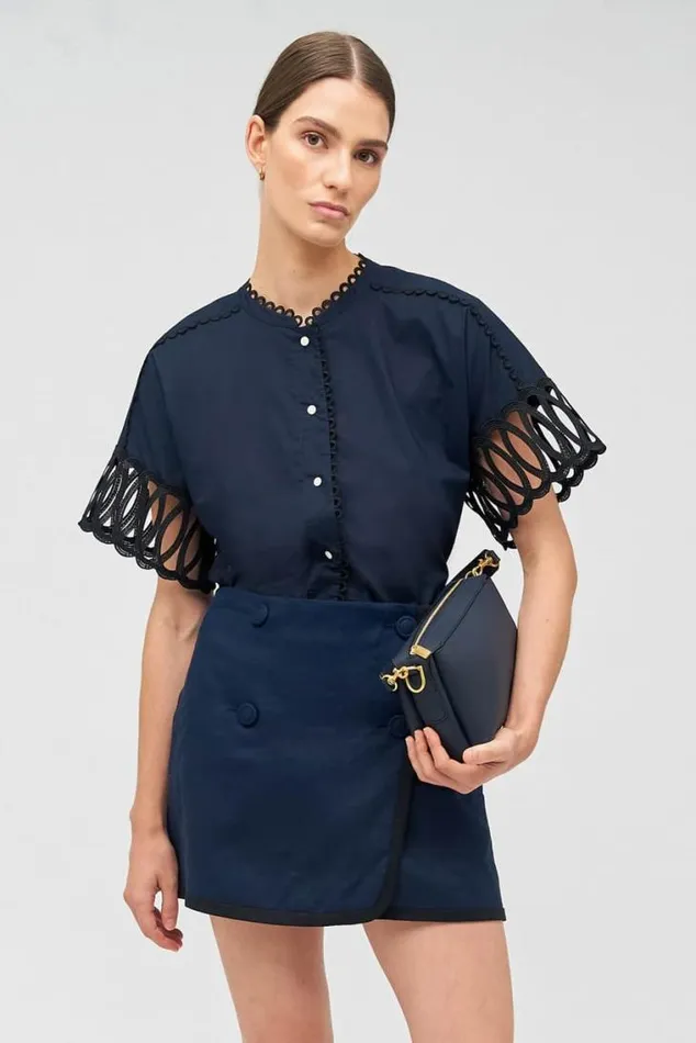 Oroton Skirts Contrast Bind Double Breasted Mini Skirt North Sea 8211 Women