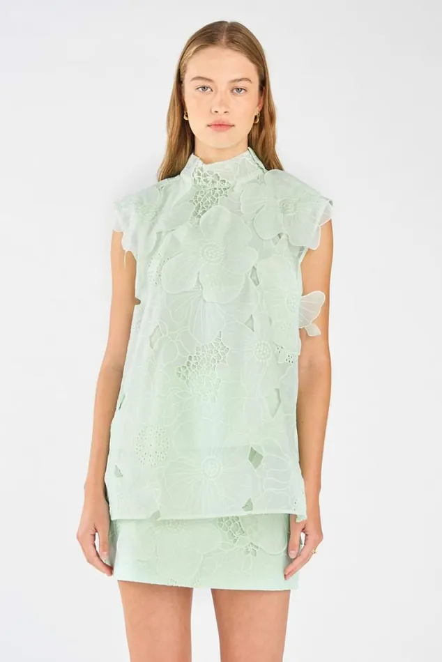 Oroton Tops Tie Neck Lace Top Sea Spray 8211 Women