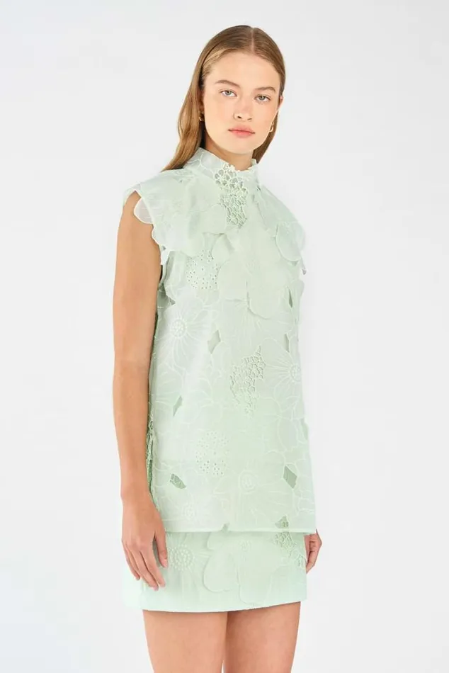Oroton Tops Tie Neck Lace Top Sea Spray 8211 Women