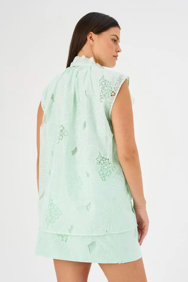 Oroton Tops Tie Neck Lace Top Sea Spray 8211 Women