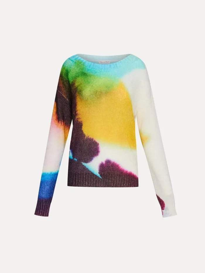 Oscar De La Renta Abstract Watercolor Pullover Lapis Multi Women Blouses and Knits