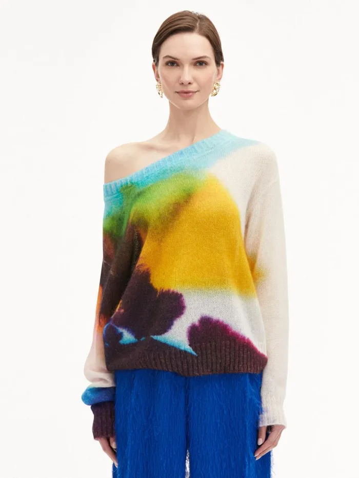 Oscar De La Renta Abstract Watercolor Pullover Lapis Multi Women Blouses and Knits
