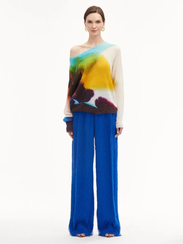 Oscar De La Renta Abstract Watercolor Pullover Lapis Multi Women Blouses and Knits