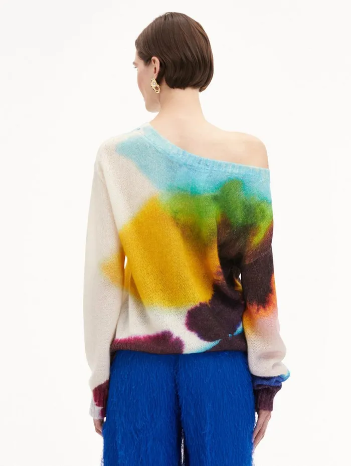Oscar De La Renta Abstract Watercolor Pullover Lapis Multi Women Blouses and Knits