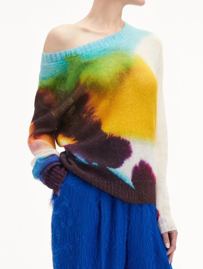 Oscar De La Renta Abstract Watercolor Pullover Lapis Multi Women Blouses and Knits