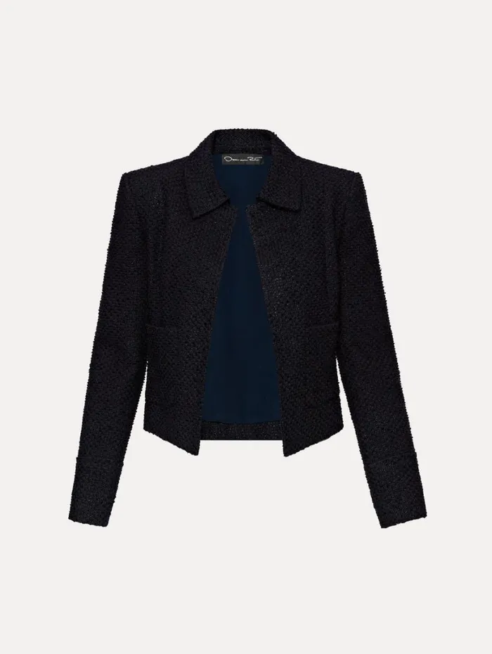 Oscar De La Renta Boucle Tweed Jacket Dark Navy Women Jackets and Coats