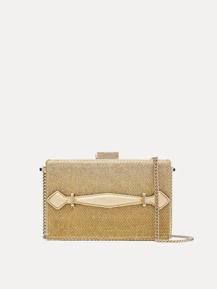 Oscar De La Renta Bugle Bead Embroidered Alibi Minaudiere Champagne Women Handbags