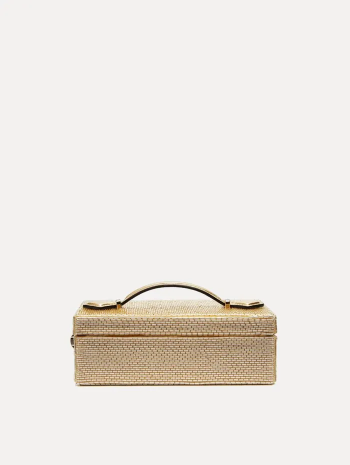 Oscar De La Renta Bugle Bead Embroidered Alibi Minaudiere Champagne Women Handbags