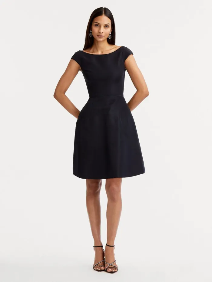 Oscar De La Renta Cap Sleeve Ruffle Back Dress Dark Navy Women Dresses