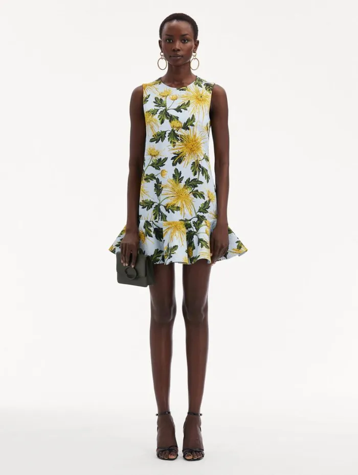 Oscar De La Renta Chrysanthemum Cotton Cloqu Dress Yellow Light Blue Women Dresses Oscar De La Renta Chrysanthemum Cotton Cloqu Dress Yellow Light Blue Women Dresses