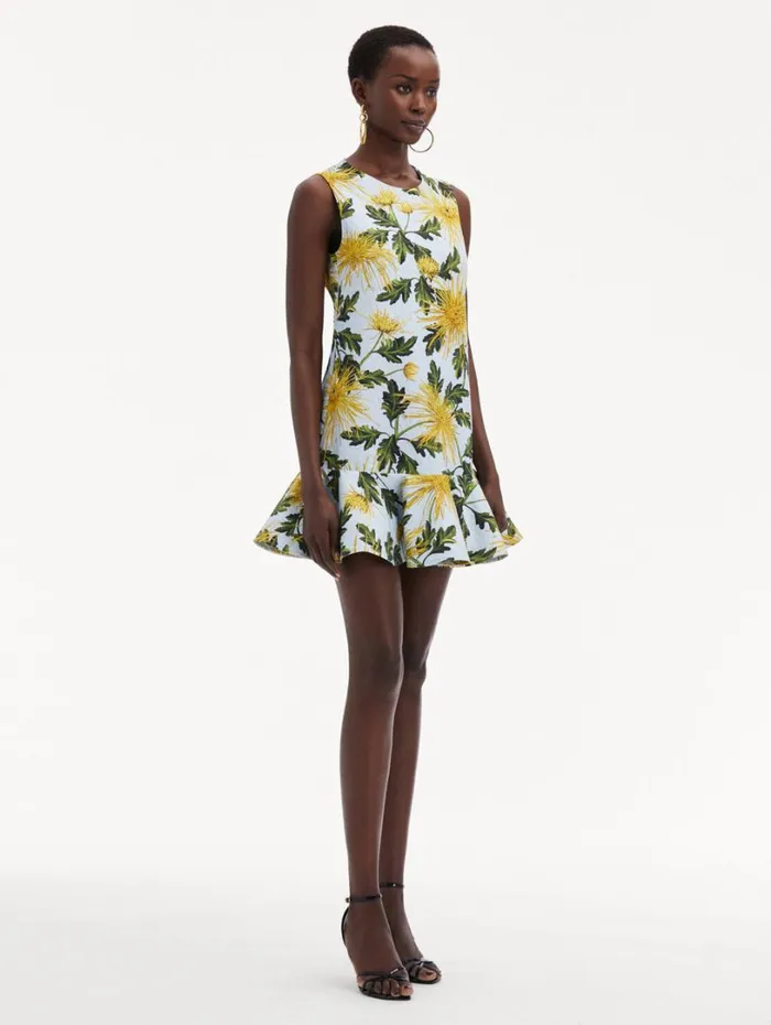 Oscar De La Renta Chrysanthemum Cotton Cloqu Dress Yellow Light Blue Women Dresses Oscar De La Renta Chrysanthemum Cotton Cloqu Dress Yellow Light Blue Women Dresses