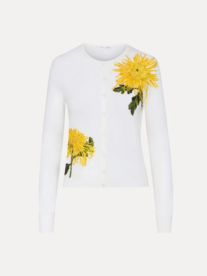 Oscar De La Renta Chrysanthemum Threadwork Cardigan Ivory Women Blouses and Knits