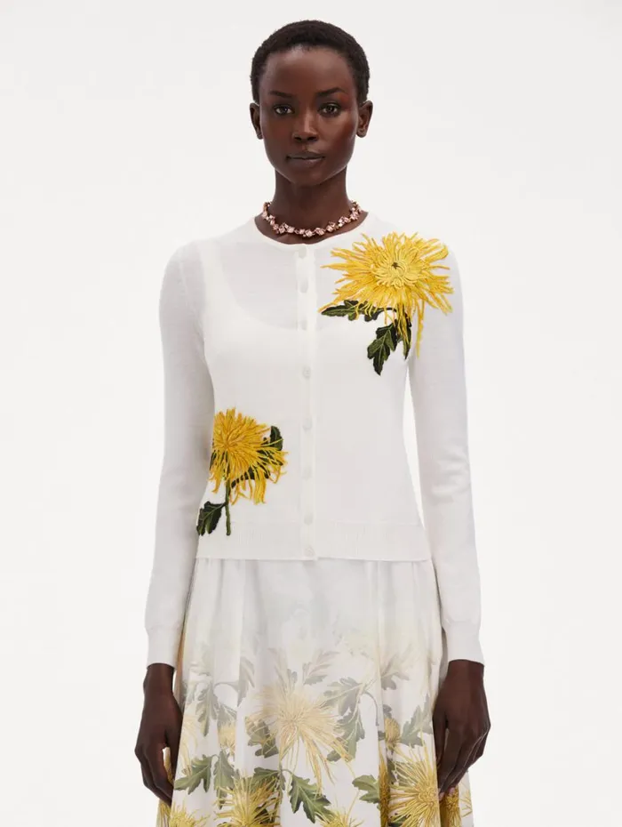 Oscar De La Renta Chrysanthemum Threadwork Cardigan Ivory Women Blouses and Knits Oscar De La Renta Chrysanthemum Threadwork Cardigan Ivory Women Blouses and Knits