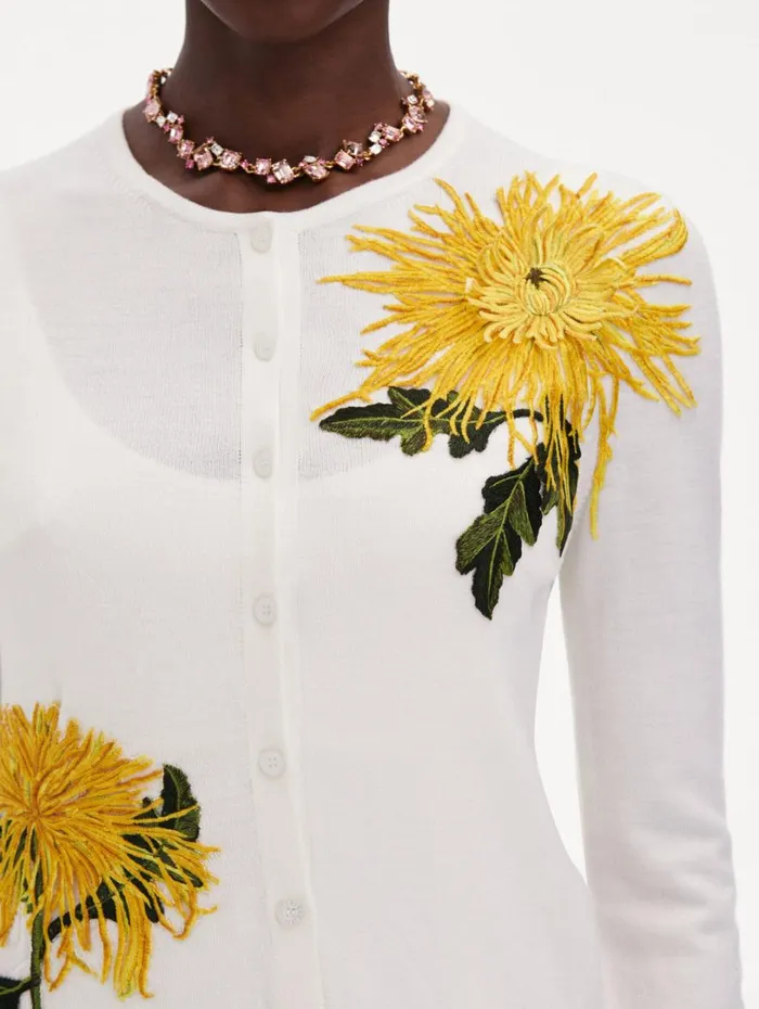 Oscar De La Renta Chrysanthemum Threadwork Cardigan Ivory Women Blouses and Knits Oscar De La Renta Chrysanthemum Threadwork Cardigan Ivory Women Blouses and Knits