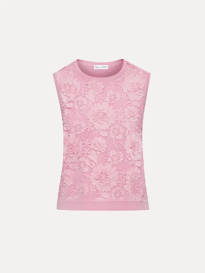 Oscar De La Renta Floral Guipure Inset Tank Soft Pink Women Blouses and Knits