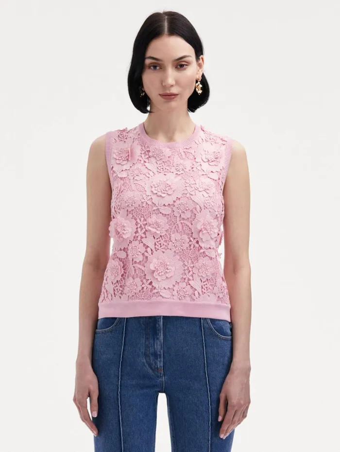 Oscar De La Renta Floral Guipure Inset Tank Soft Pink Women Blouses and Knits