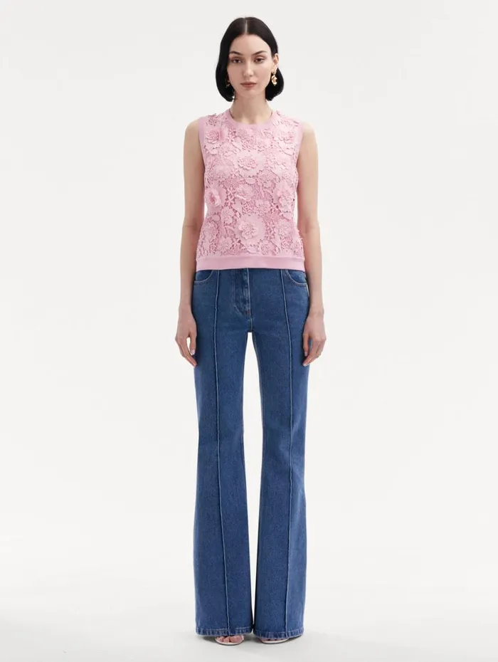 Oscar De La Renta Floral Guipure Inset Tank Soft Pink Women Blouses and Knits