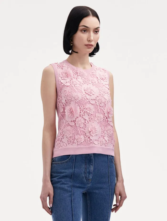Oscar De La Renta Floral Guipure Inset Tank Soft Pink Women Blouses and Knits