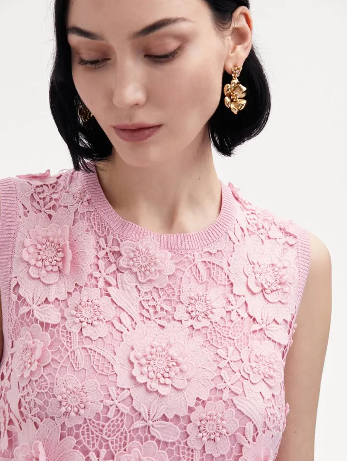 Oscar De La Renta Floral Guipure Inset Tank Soft Pink Women Blouses and Knits