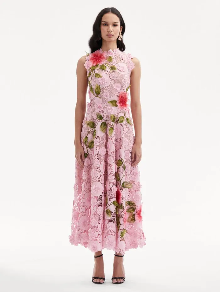 Oscar De La Renta Hibiscus Embroidered Guipure Dress Soft Pink Women Dresses