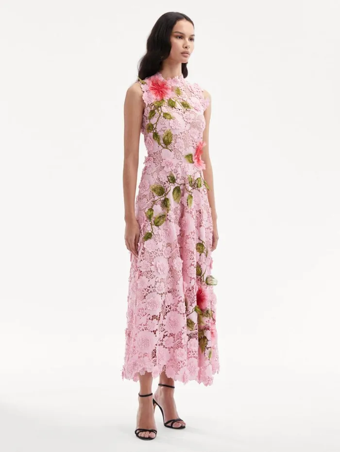 Oscar De La Renta Hibiscus Embroidered Guipure Dress Soft Pink Women Dresses